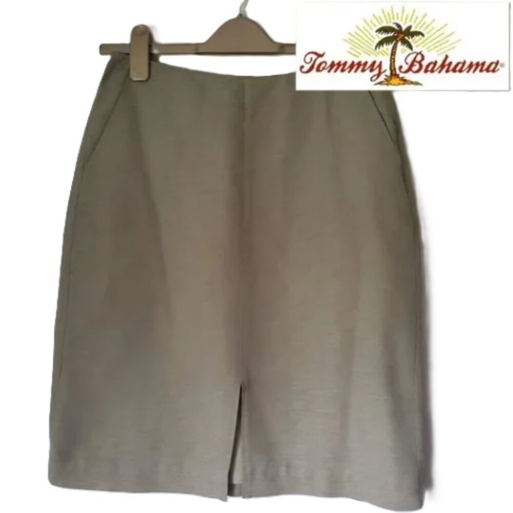 Short Linen Pencil Skirt Spring Outfit Pockets Slit Taupe Office Siren Career 8